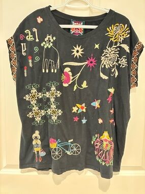Johnny Was Black Short Sleeve Tee with Multicolor Embroidered Motifs